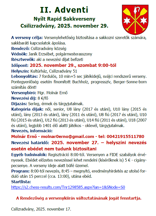 II. Adventi Nyílt Rapid Sakkverseny