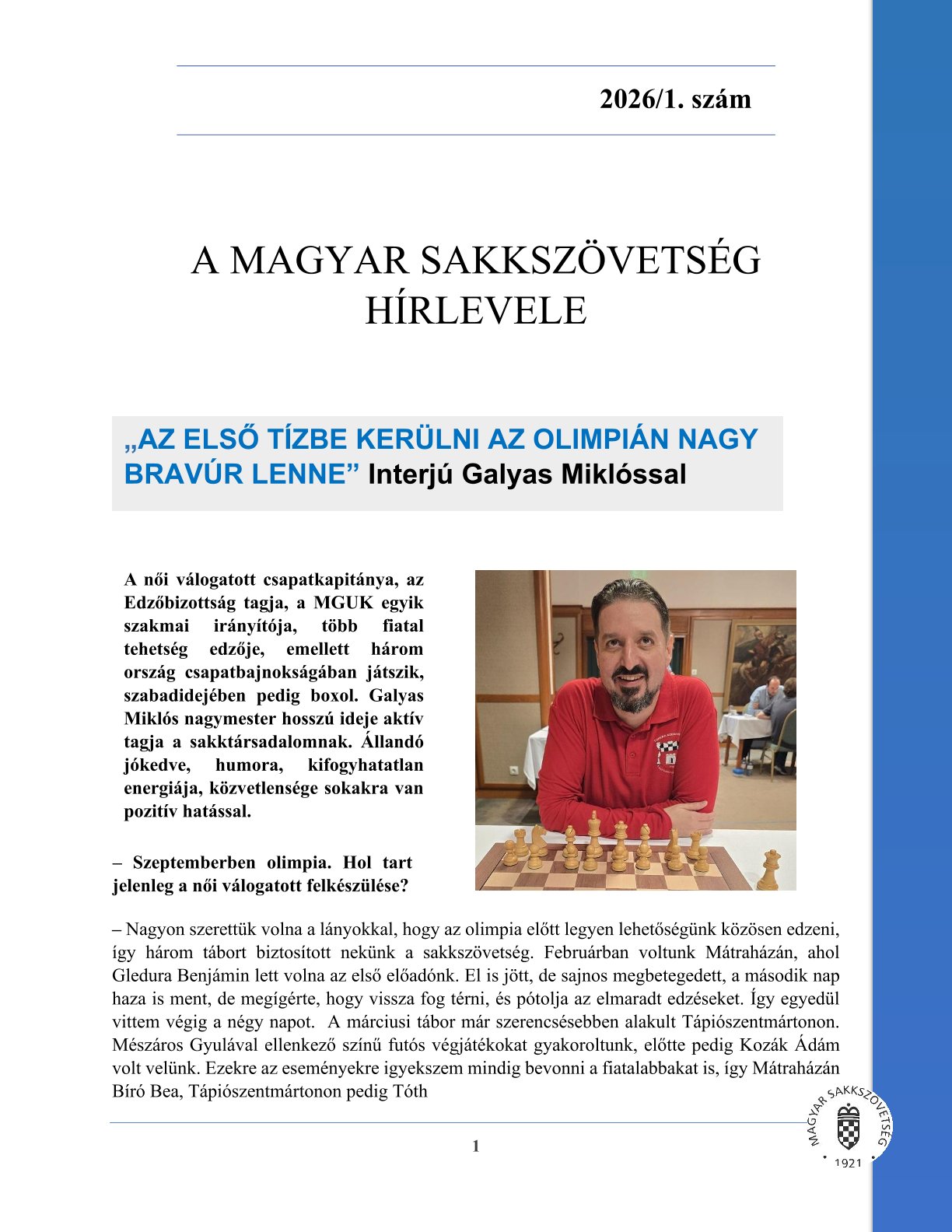 Megjelent a Magyar Sakkszövetség 2026/1. hírlevele