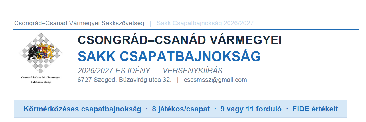 CSONGRÁD–CSANÁD VÁRMEGYEI SAKK CSAPATBAJNOKSÁG 2026/2027-ES IDÉNY